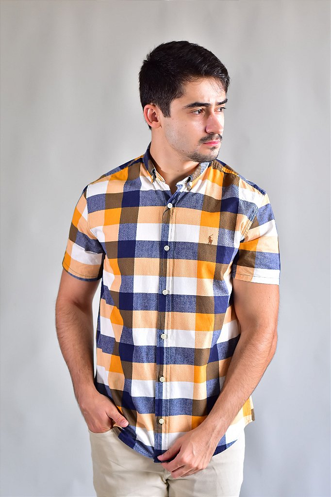 Camisa Manga Curta RL - Xadrez Clássico Amarelo Small Pony Marrom