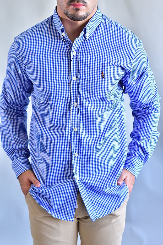 Camisa Social RL Manga Longa - Microxadrez Azul Small Pony Color