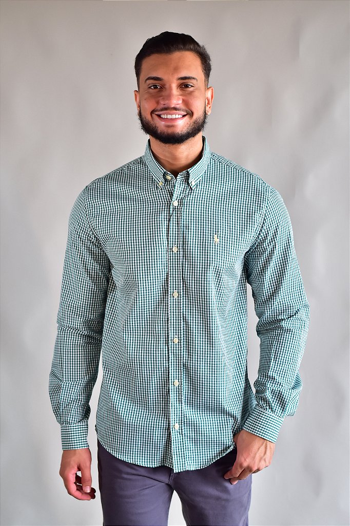 Camisa Social RL Manga Longa - Microxadrez Verde