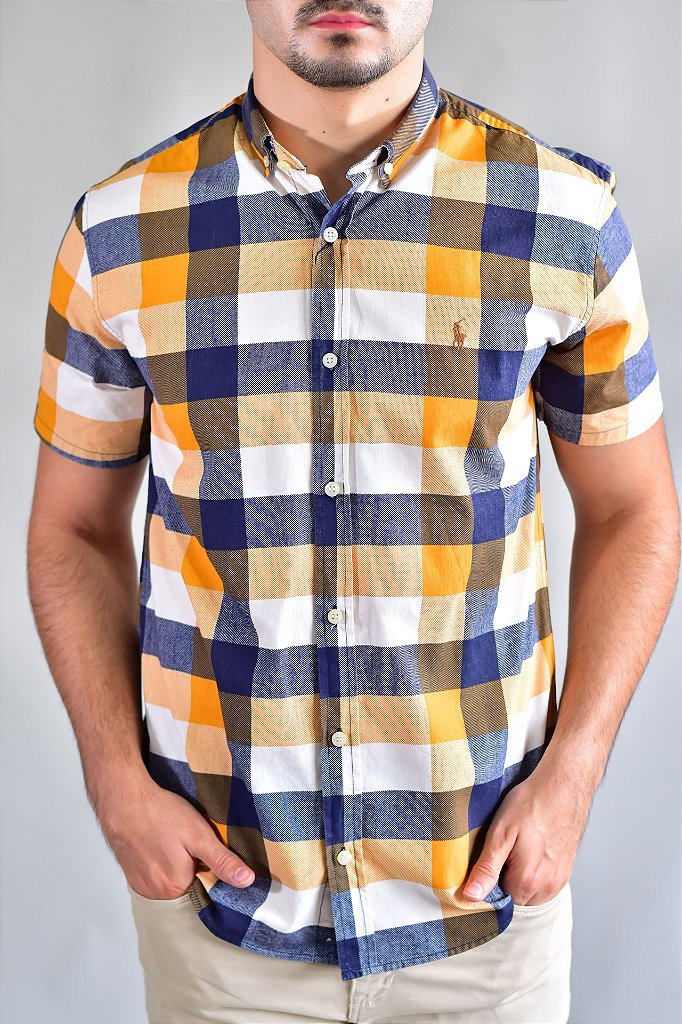 Camisa Manga Curta RL - Xadrez Clássico Amarelo Small Pony Marrom