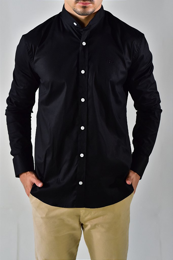 Camisa Social Manga Longa Boss Gola Padre - Preta