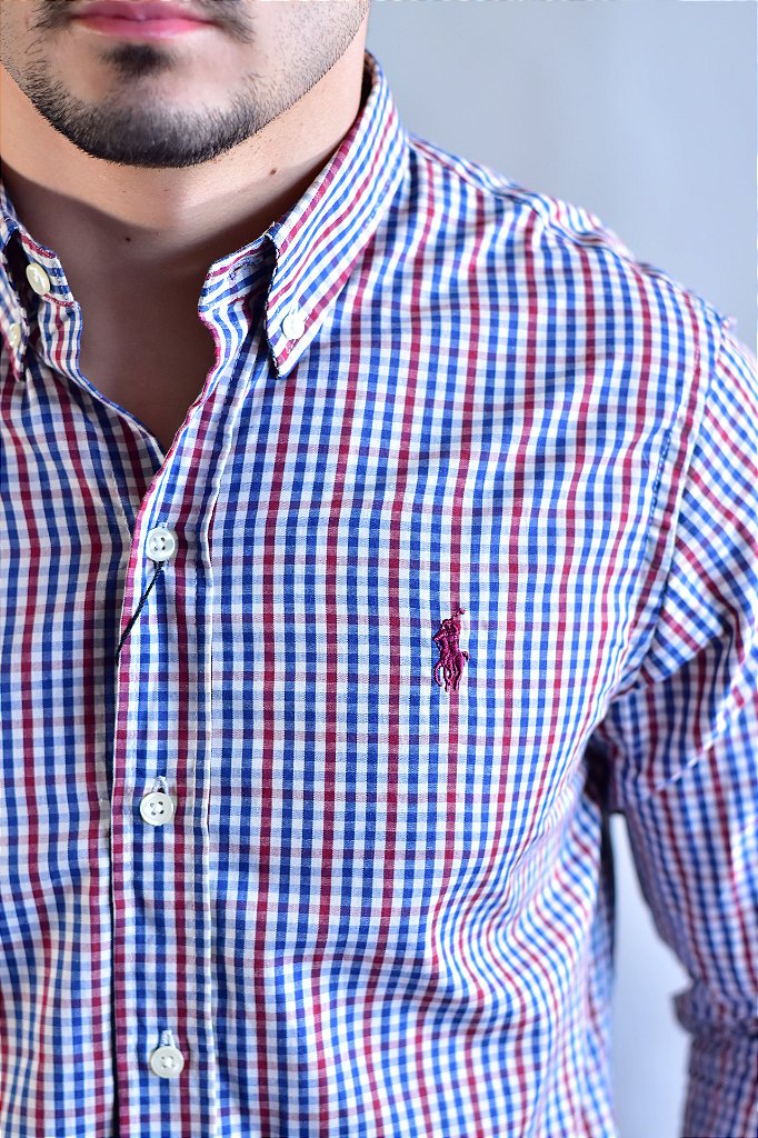 Camisa RL Manga Longa - Microxadrez Tricolor (Azul, Vermelho e Branco)