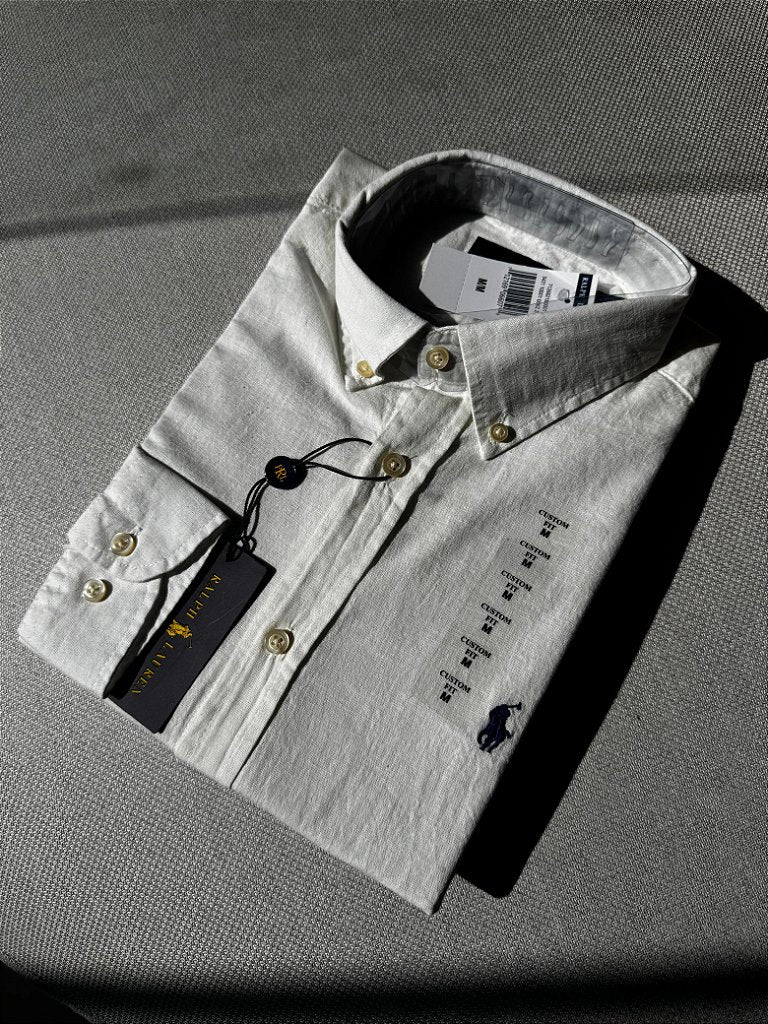 Camisa Social RL Manga Longa Linho - Branco Alabaster small pony Azul Marinho