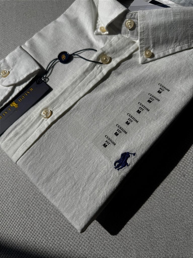 Camisa Social RL Manga Longa Linho - Branco Alabaster small pony Azul Marinho