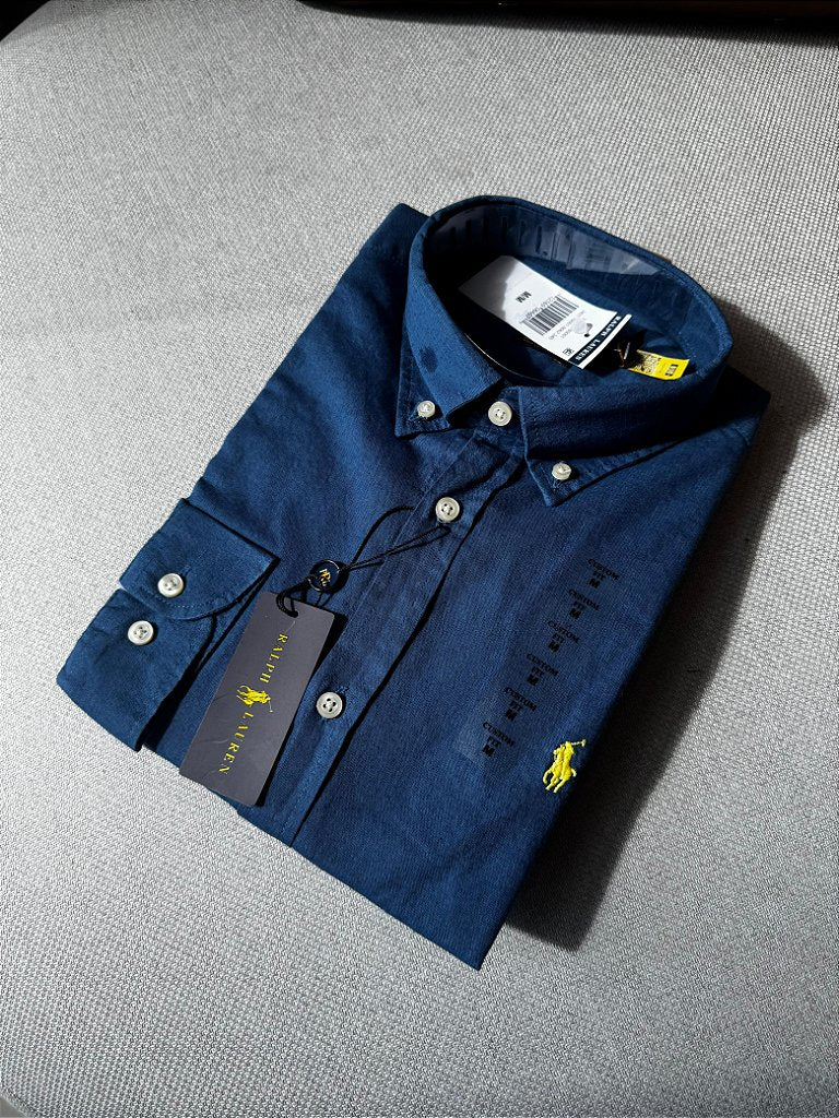 Camisa Social RL Manga Longa Linho - Azul Real small pony Amarelo