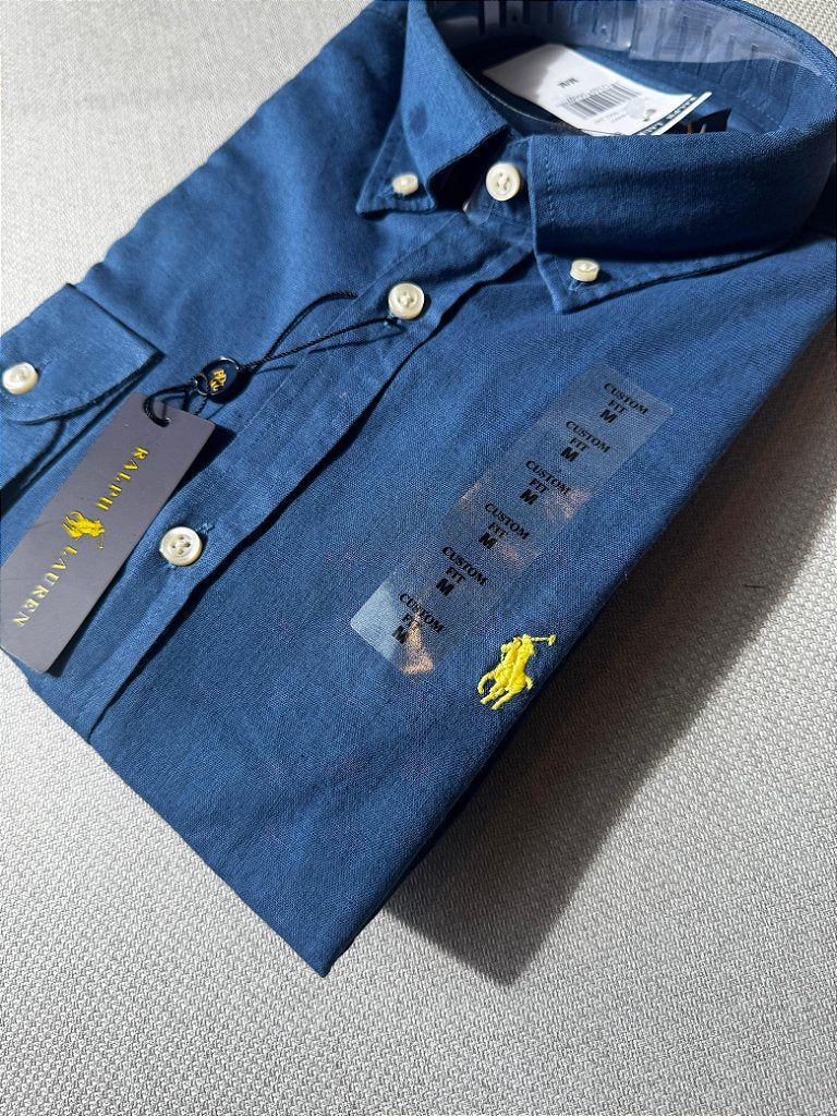 Camisa Social RL Manga Longa Linho - Azul Real small pony Amarelo