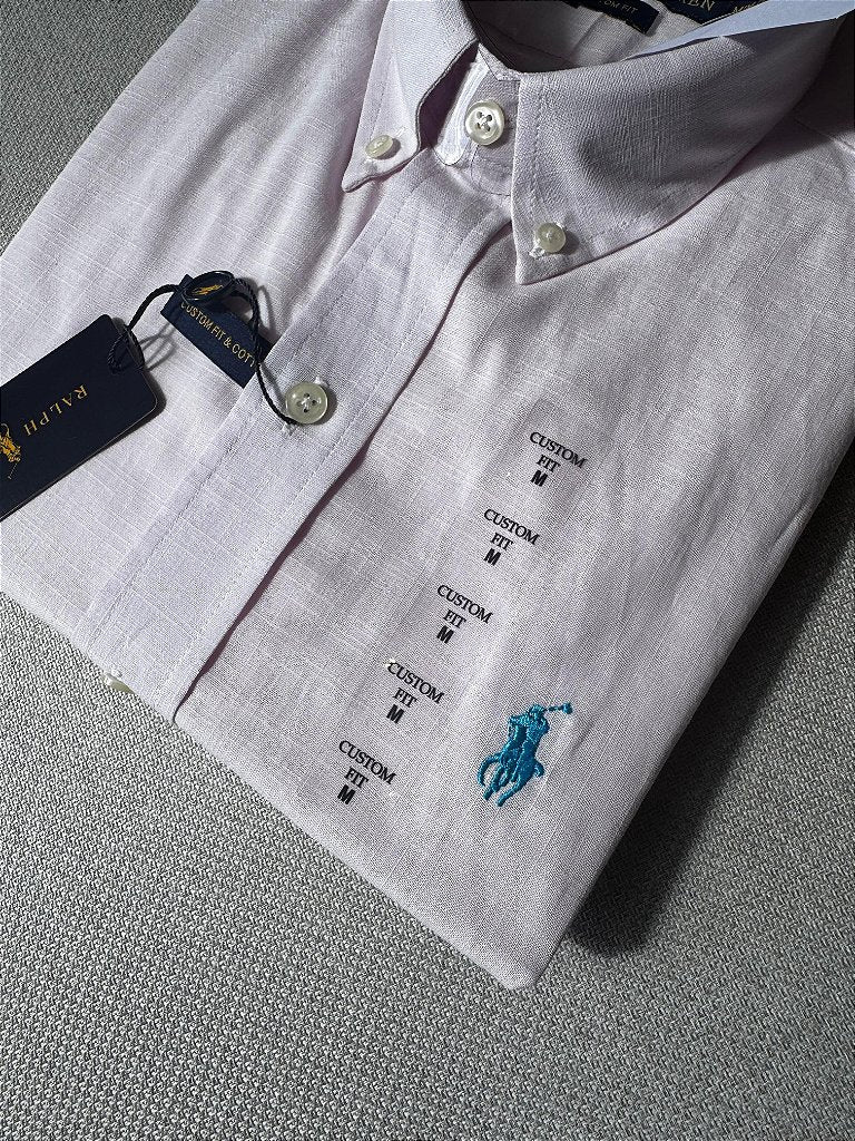 Camisa Manga Curta RL Linho - Rosa small pony Azul