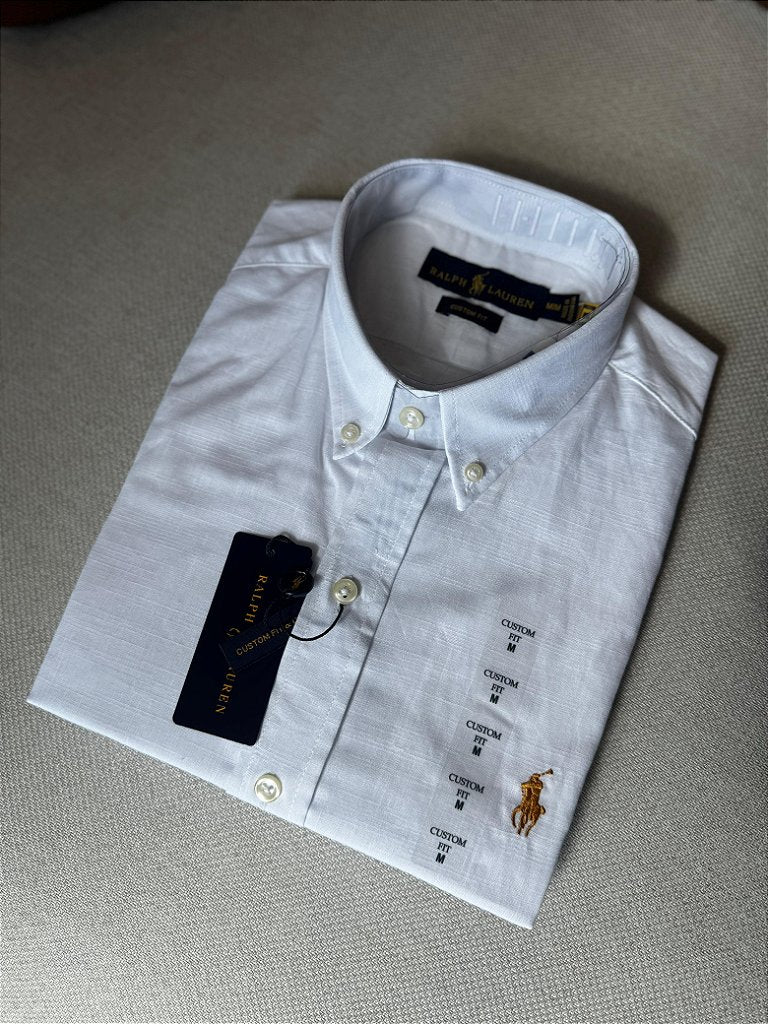 Camisa Manga Curta RL Linho - Branca small pony Dourado