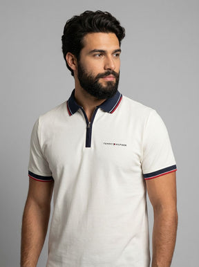Camisa Gola Polo TH Essence Striped Zip - Branca