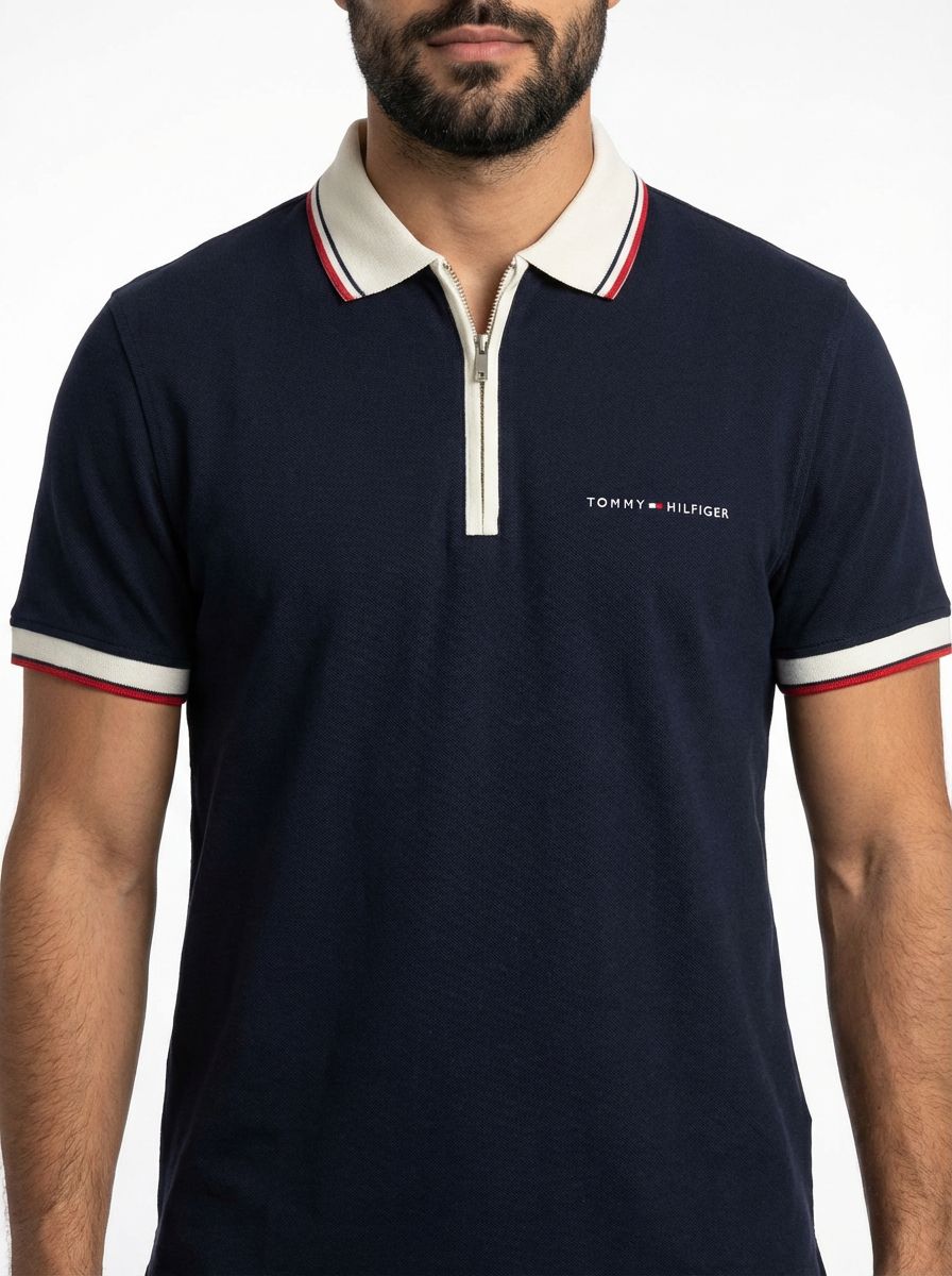 Camisa Gola Polo TH Essence Striped Zip - Azul Marinho