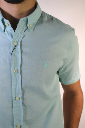Camisa Social Manga Curta RL Linho - Verde Água Small Pony Monocromático