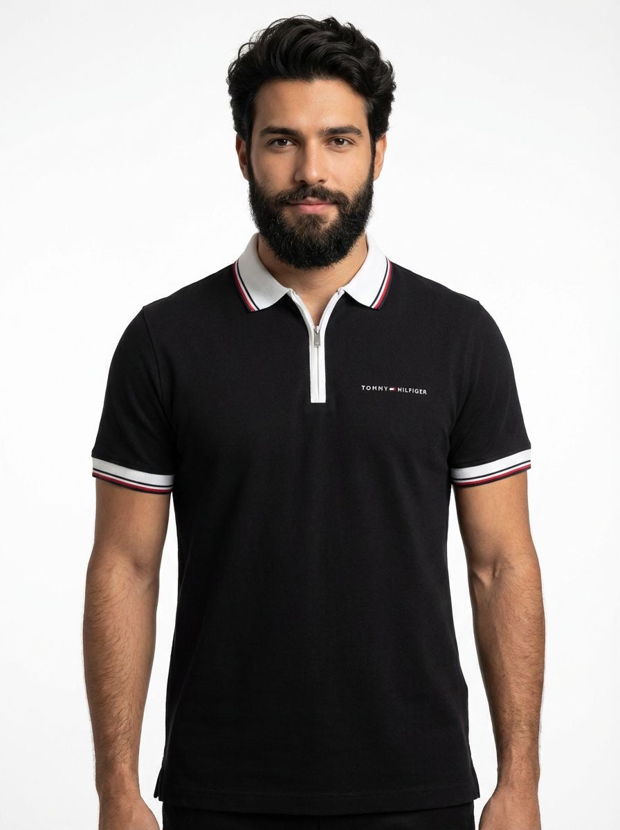 Camisa Gola Polo TH Essence Striped Zip - Preta