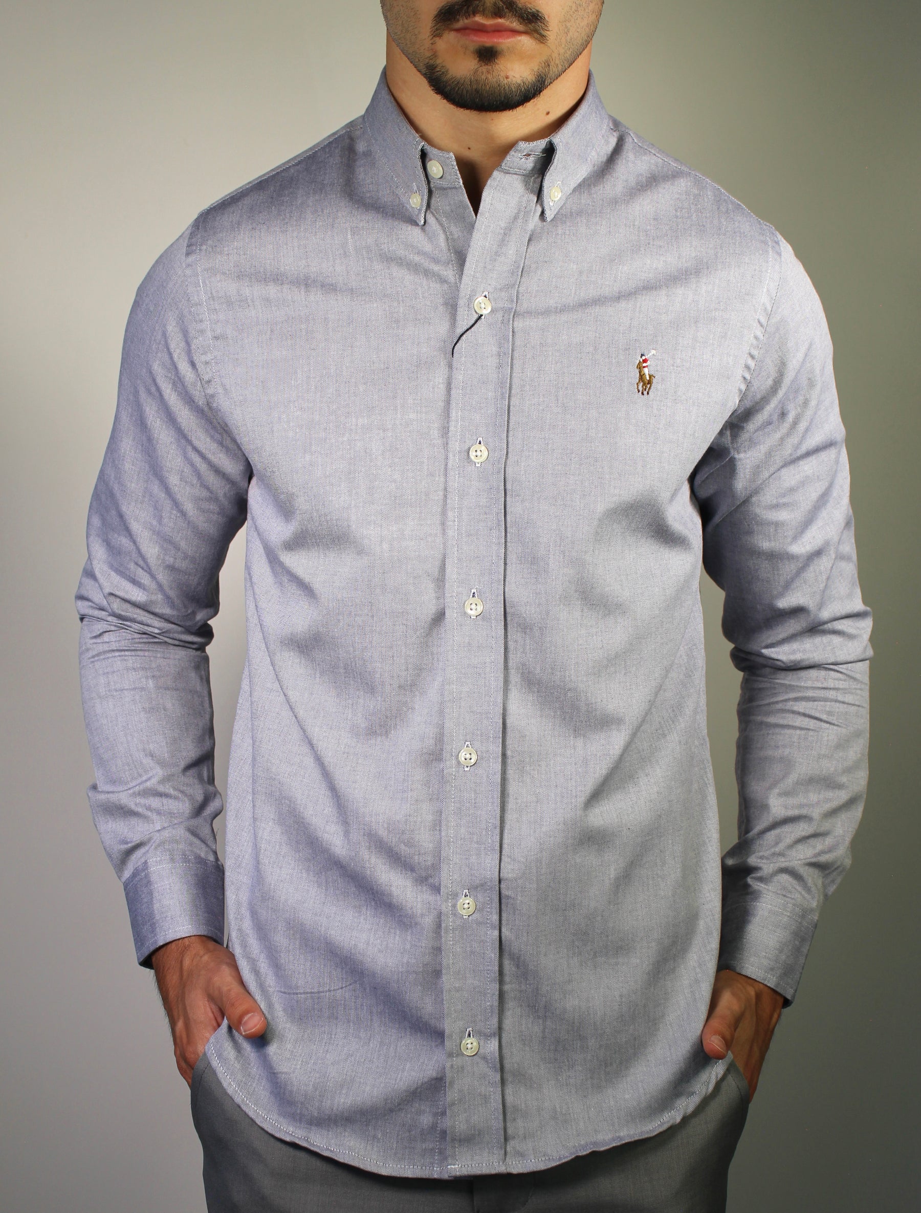 Camisa Social Lisa RL Manga Longa - Cinza Mescla