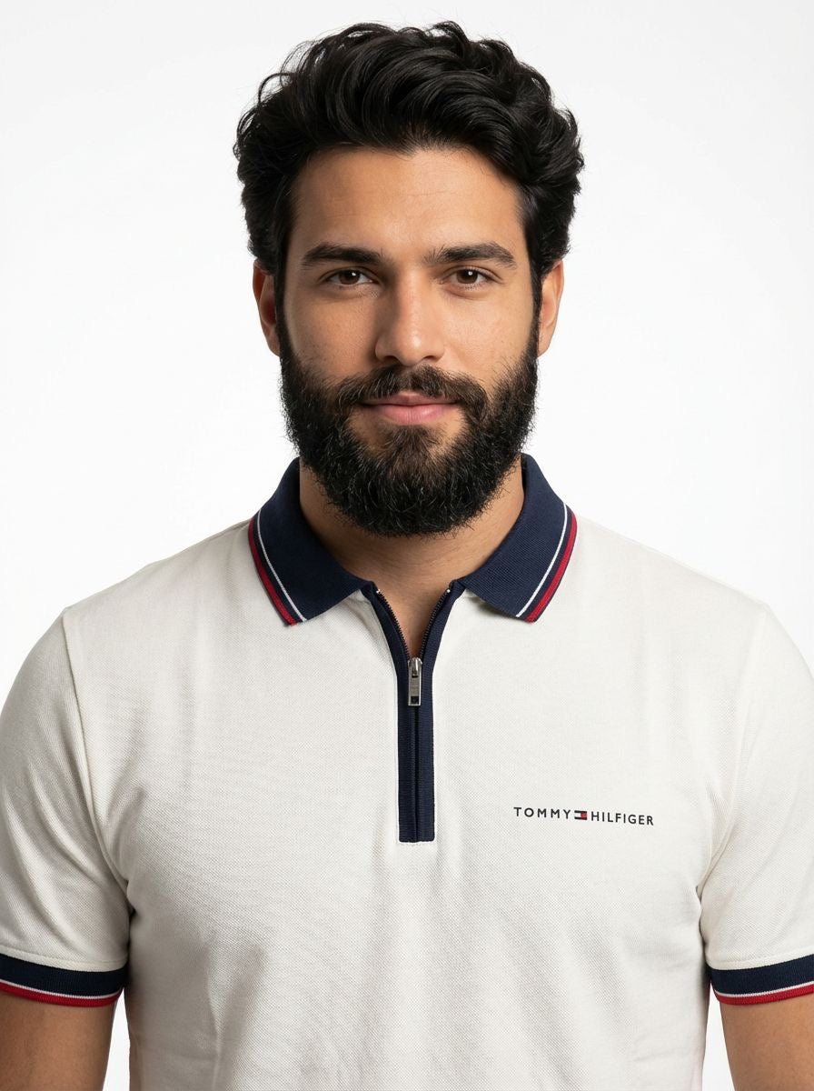 Camisa Gola Polo TH Essence Striped Zip - Branca