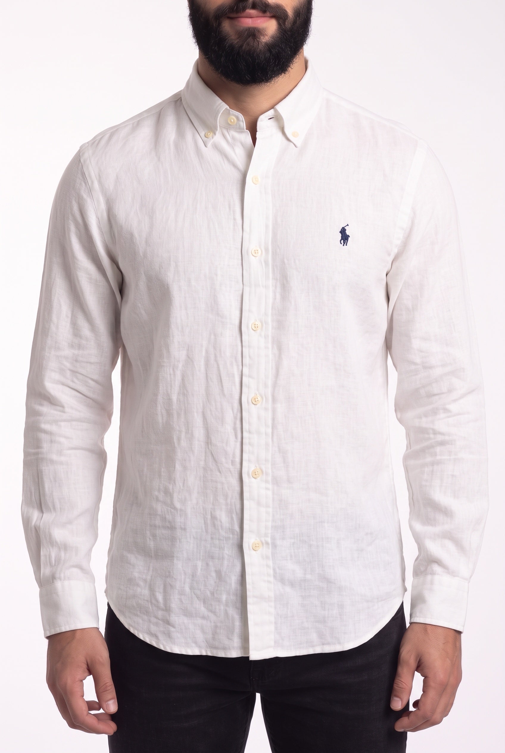 Camisa RL Longa Linho - Branca Small Pony Azul Marinho