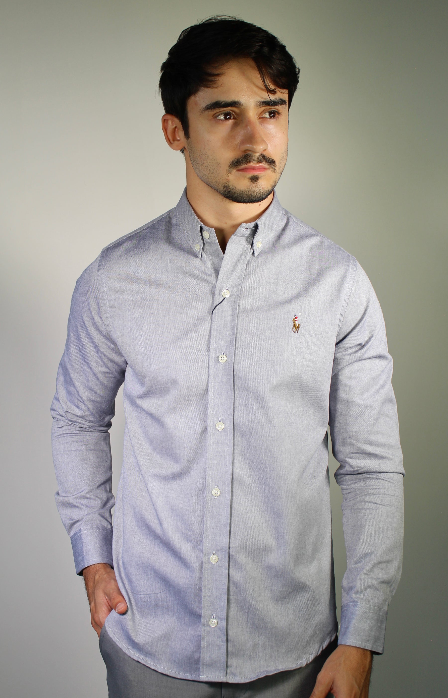 Camisa Social Lisa RL Manga Longa - Cinza Mescla