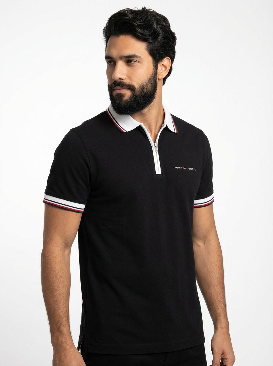 Camisa Gola Polo TH Essence Striped Zip - Preta