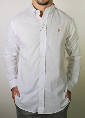 Camisa RL Manga Longa Linho - Branca Small Pony Dourado