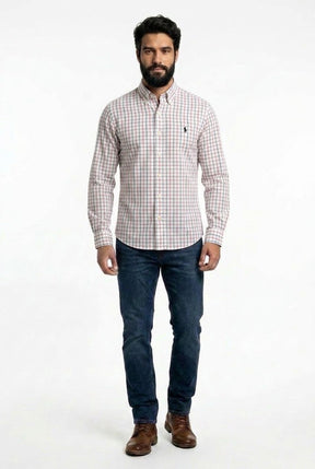 Camisa Social RL Longa - Branca Minimal Grid Vermelho e Azul