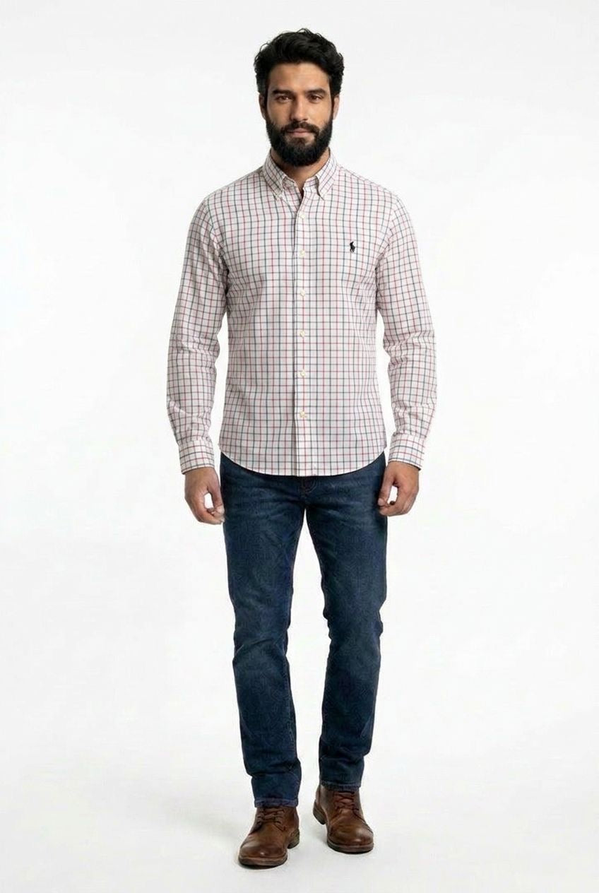 Camisa Social RL Longa - Branca Minimal Grid Vermelho e Azul