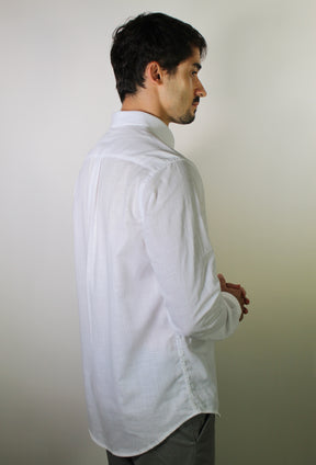 Camisa RL Manga Longa Linho - Branca Small Pony Azul Marinho