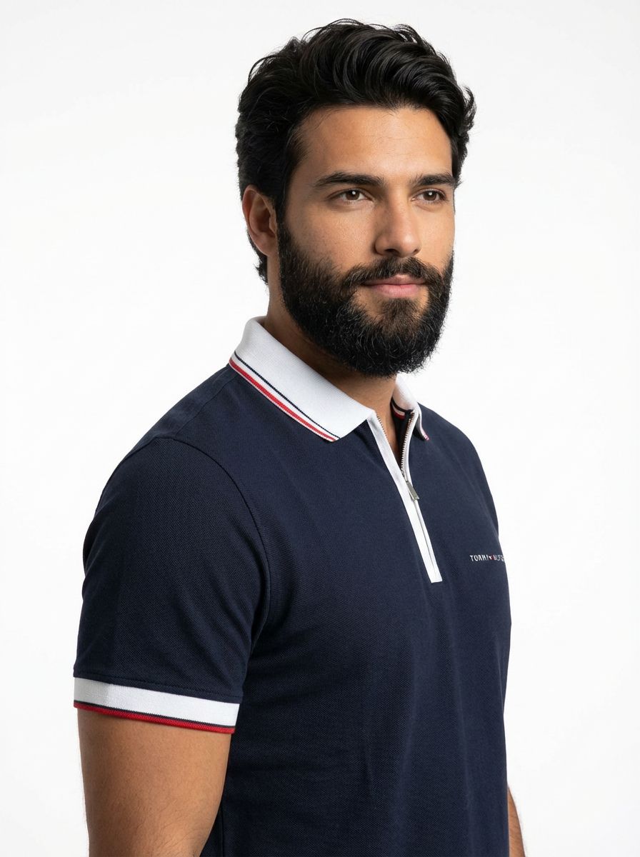 Camisa Gola Polo TH Essence Striped Zip - Azul Marinho