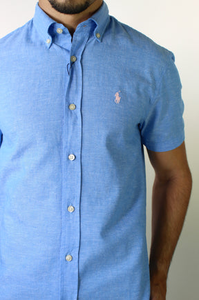 Camisa Manga Curta RL Linho - Azul Sky Small Pony Rosa