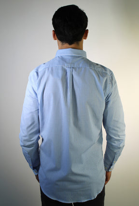 Camisa Social RL Manga Longa - Microxadrez Fino Azul Bebê e Branco