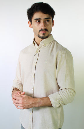 Camisa RL Manga Longa Linho - Bege Natural Small Pony Monocromático