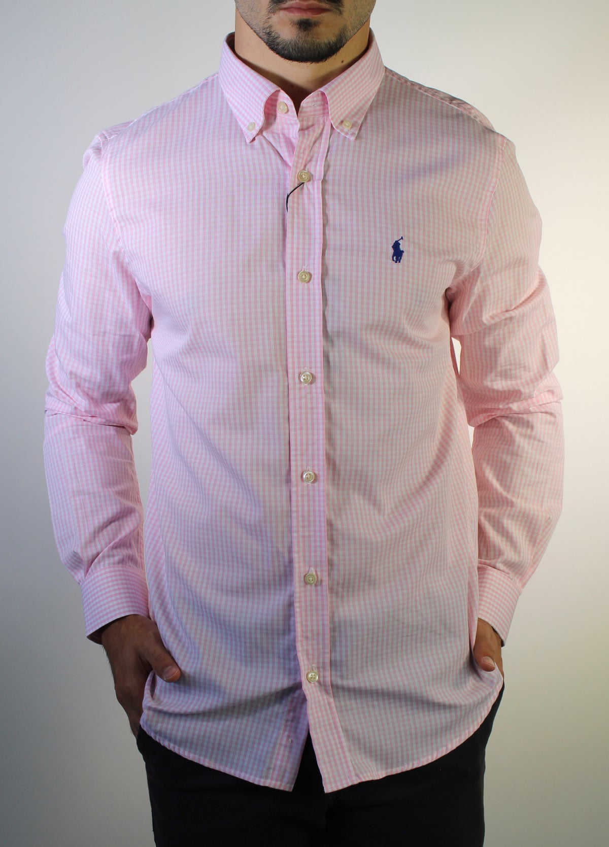 Camisa Social RL Manga Longa - Microxadrez Fino Rosa e Branco