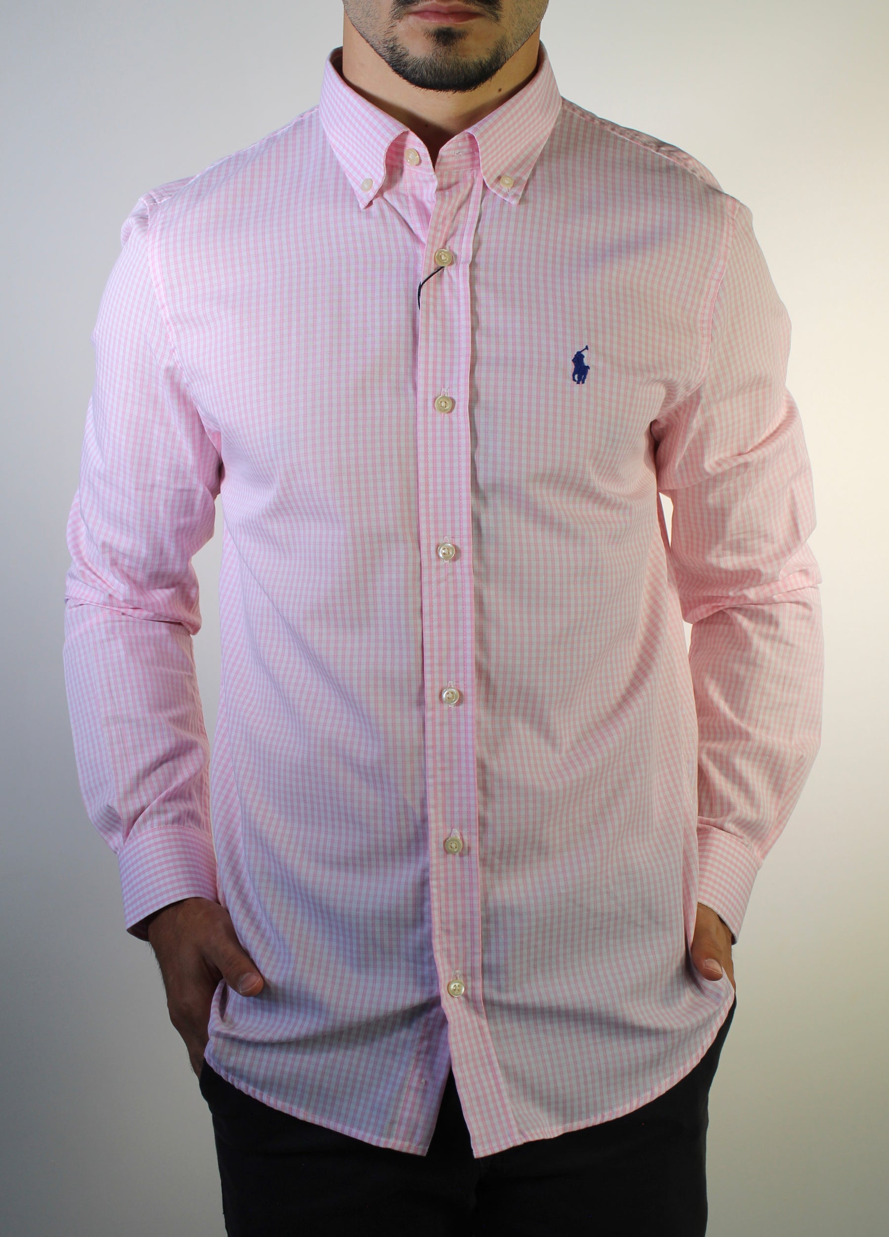 Camisa Social RL Manga Longa - Microxadrez Fino Rosa e Branco