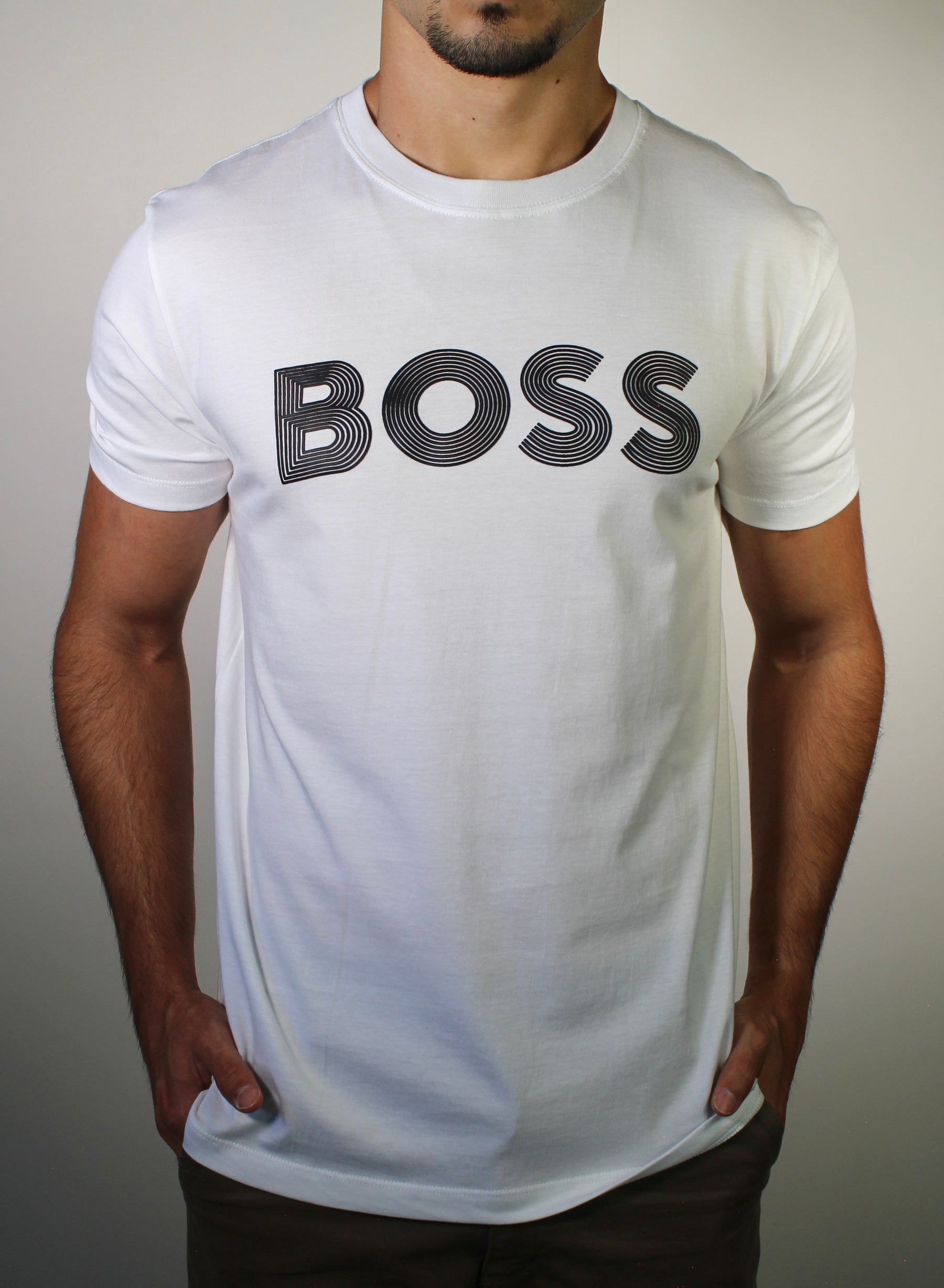 Camiseta Boss Striped Logo - Branca