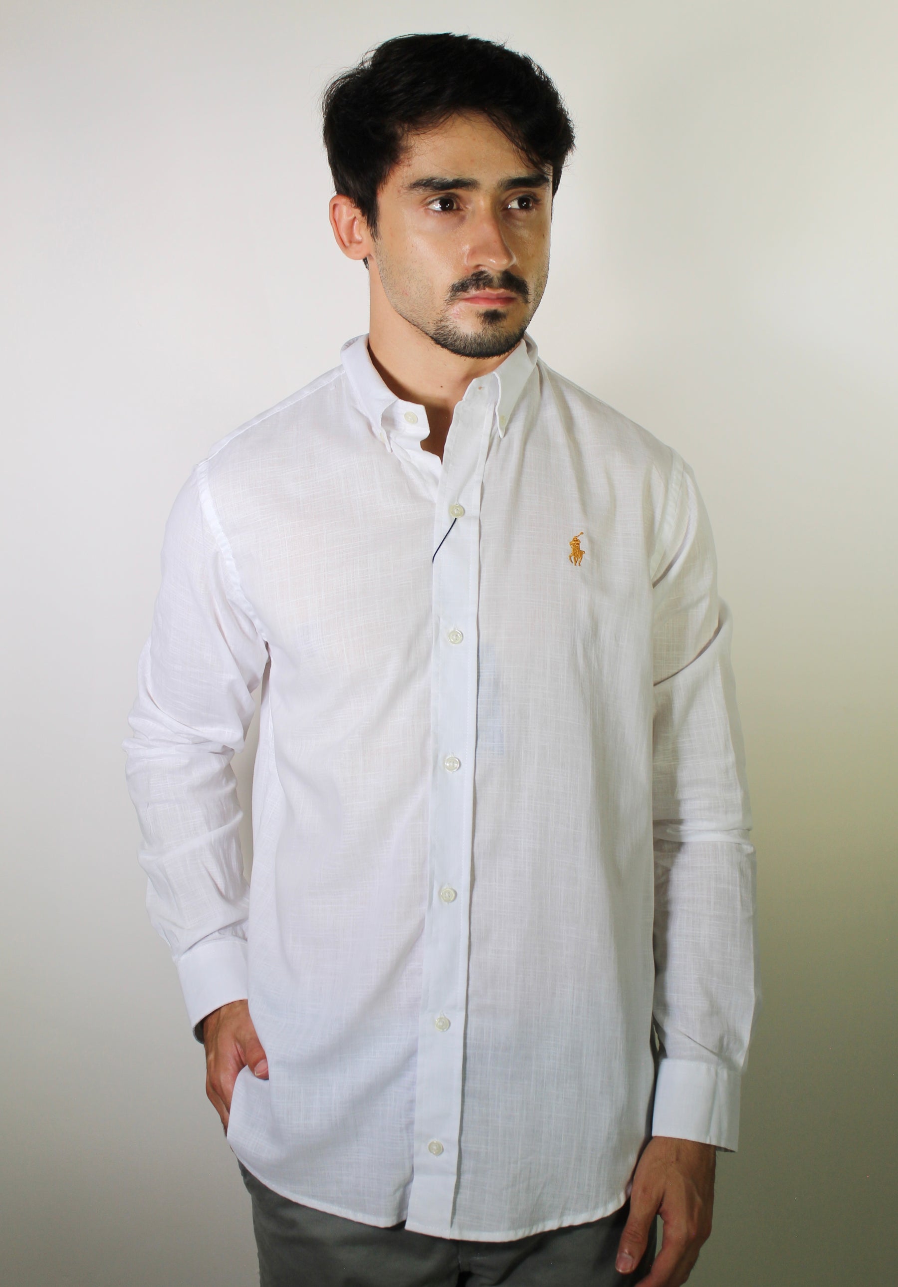 Camisa RL Manga Longa Linho - Branca Small Pony Dourado
