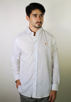 Camisa RL Manga Longa Linho - Branca Small Pony Dourado