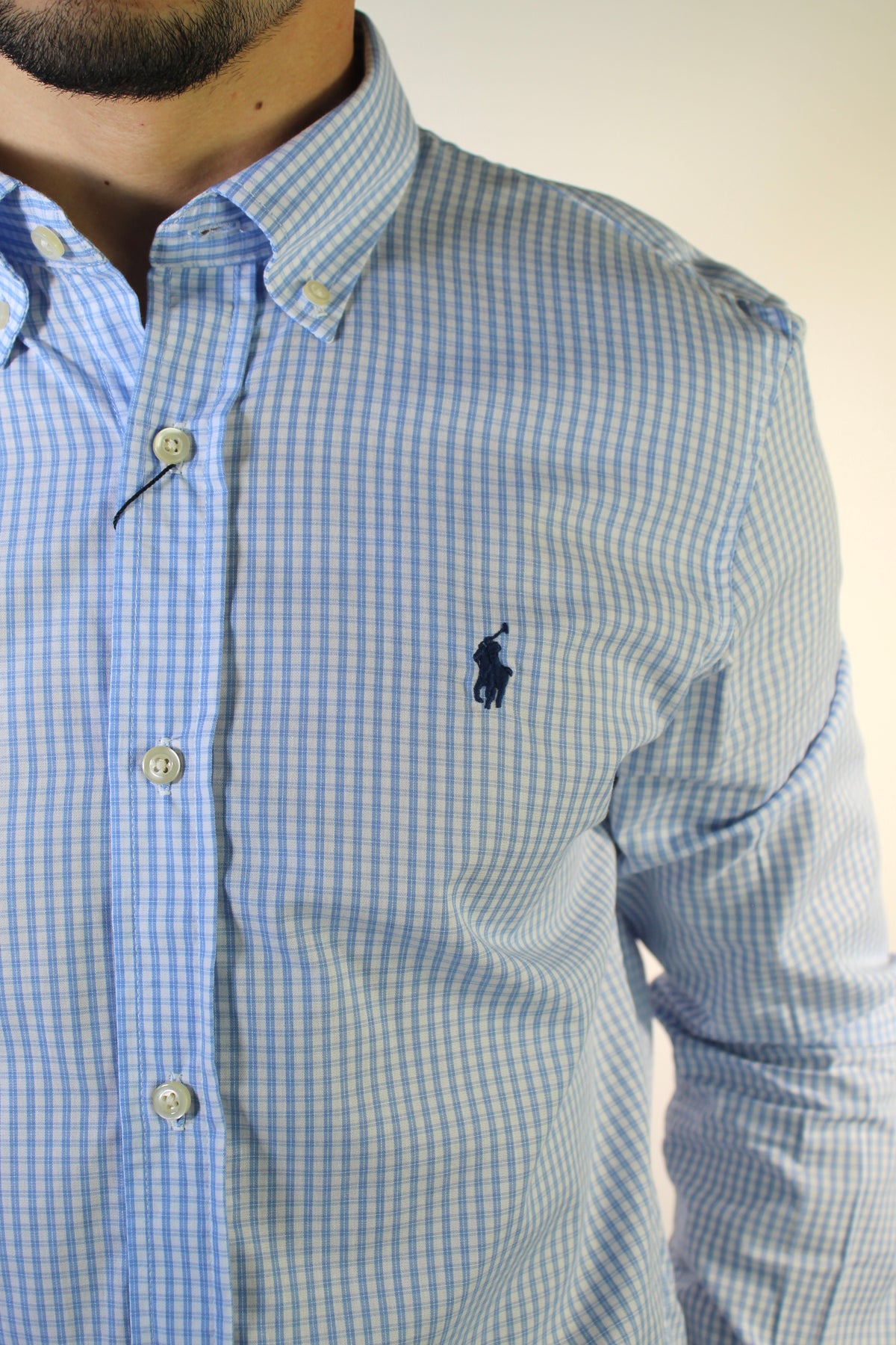 Camisa Social RL Manga Longa - Microxadrez Fino Azul Bebê e Branco