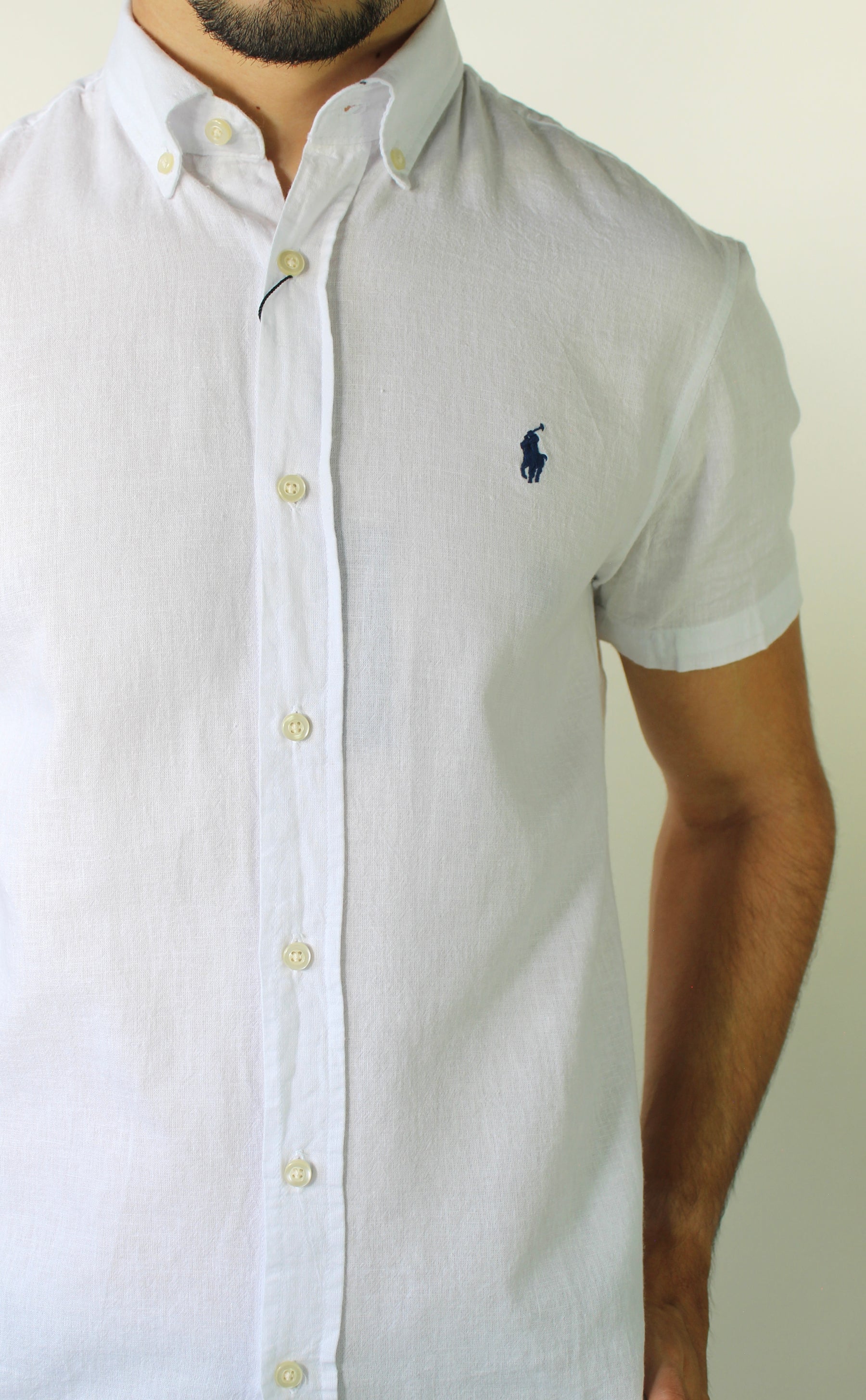 Camisa Manga Curta RL Linho - Branca Small Pony Azul Marinho