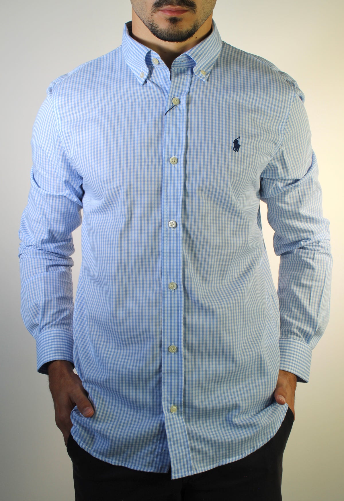 Camisa Social RL Manga Longa - Microxadrez Fino Azul Bebê e Branco