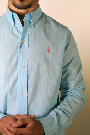 Camisa RL Manga Longa Linho - Azul Claro Small Pony Rosa