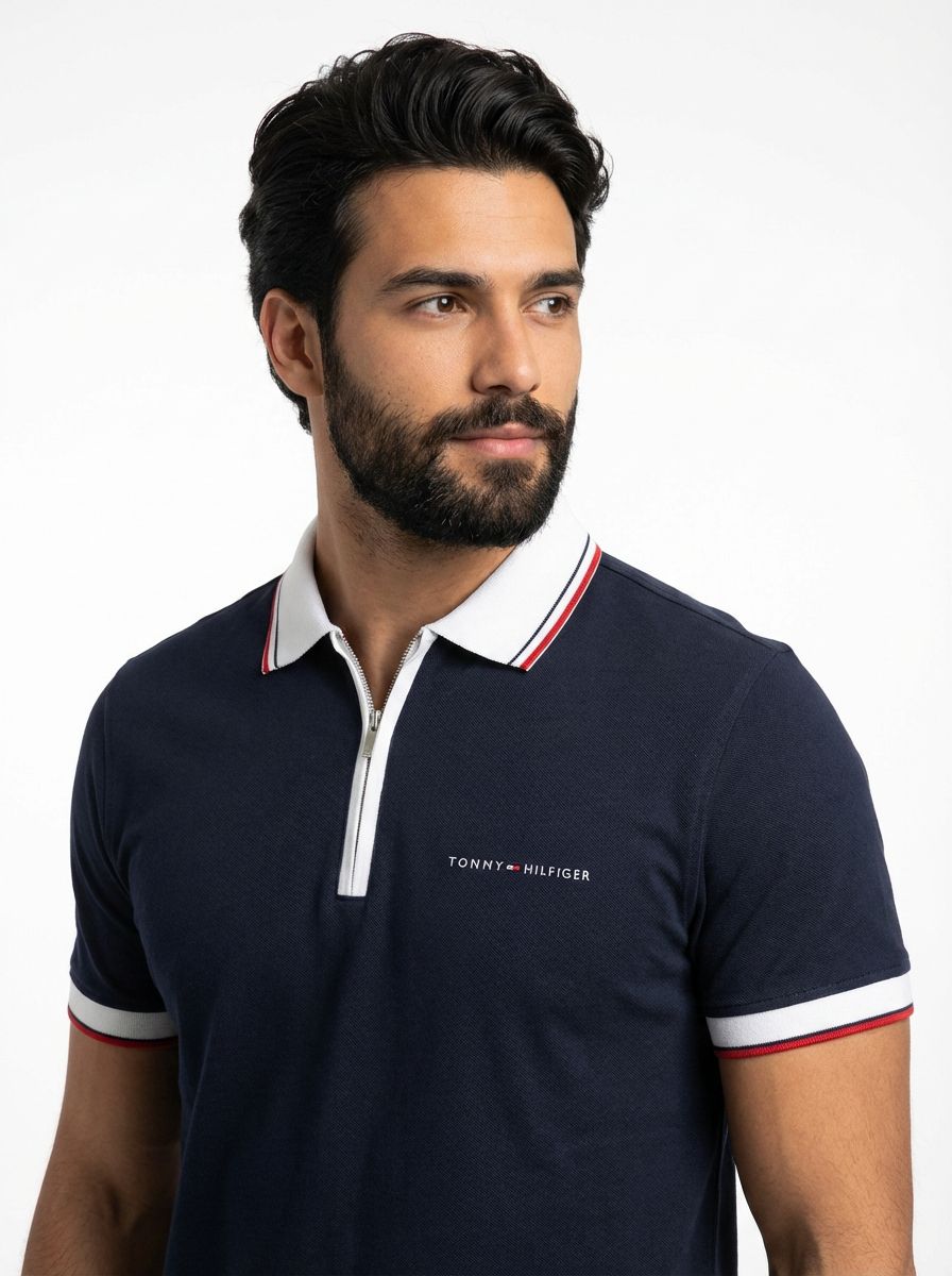 Camisa Gola Polo TH Essence Striped Zip - Azul Marinho