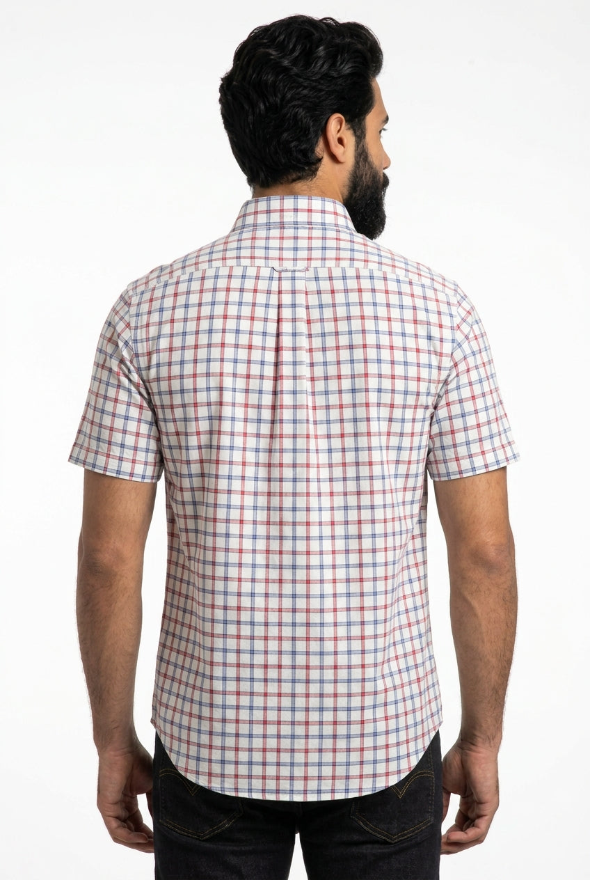 Camisa Social Manga Curta RL - Xadrez Boston Grid Azul e Vermelho