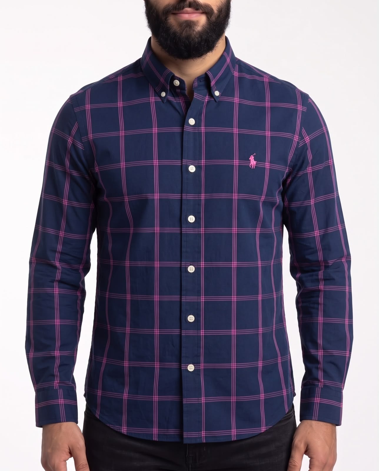 Camisa RL Manga Longa - Salisbury Grid Marinho Xadrez Rosa