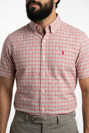Camisa Social Manga Curta RL - Xadrez Rosewood Grid Rosa