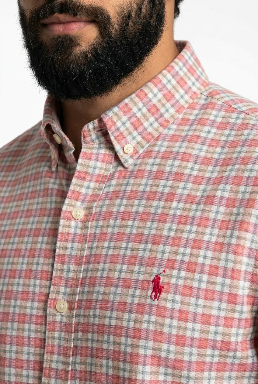 Camisa Social Manga Curta RL - Xadrez Rosewood Grid Rosa