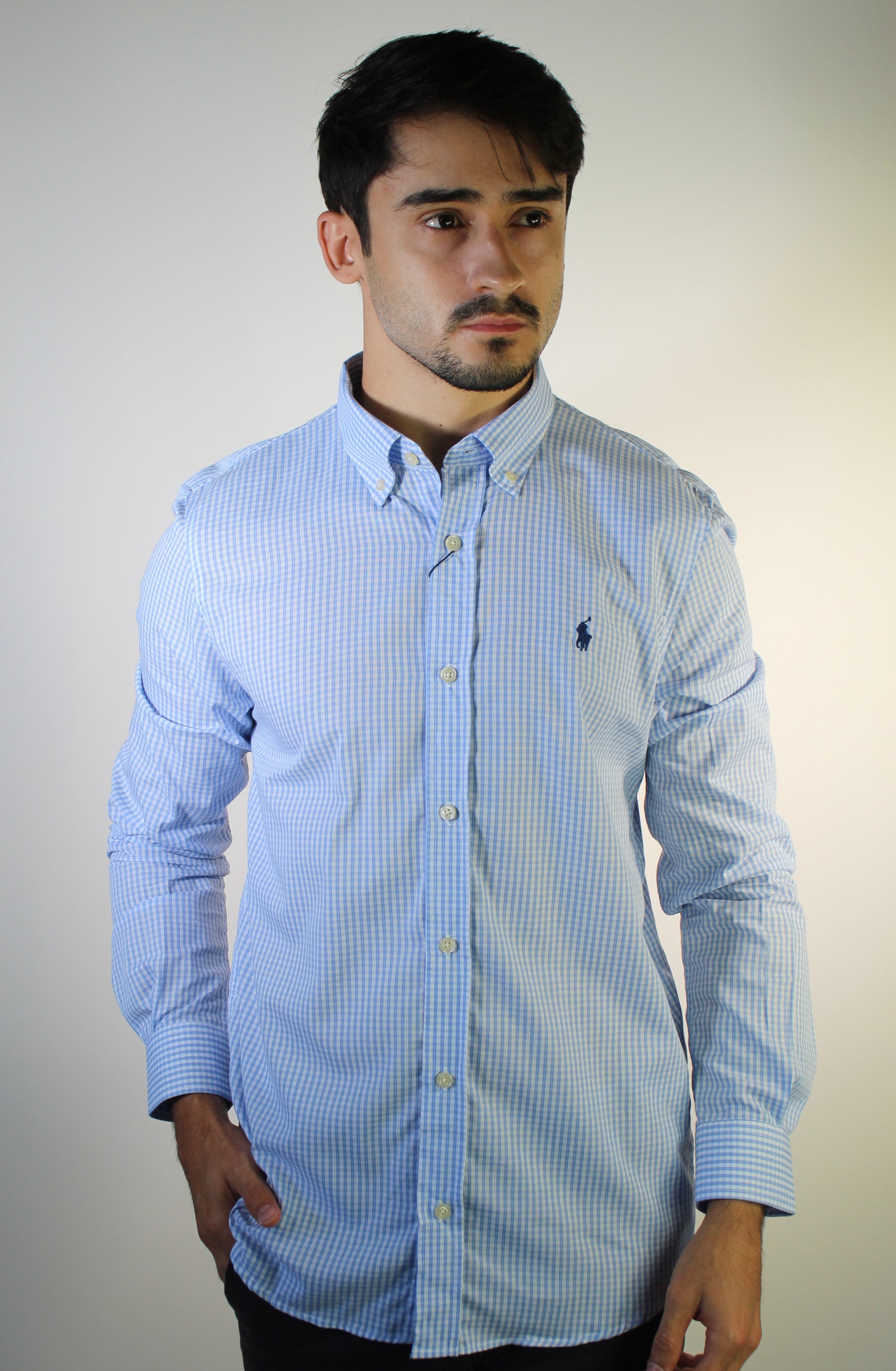 Camisa Social RL Manga Longa - Microxadrez Fino Azul Bebê e Branco