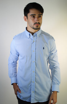 Camisa Social RL Manga Longa - Microxadrez Fino Azul Bebê e Branco