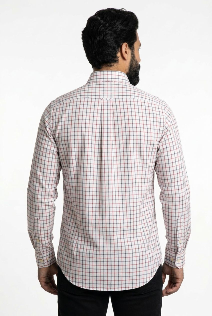 Camisa Social RL Longa - Branca Minimal Grid Vermelho e Azul