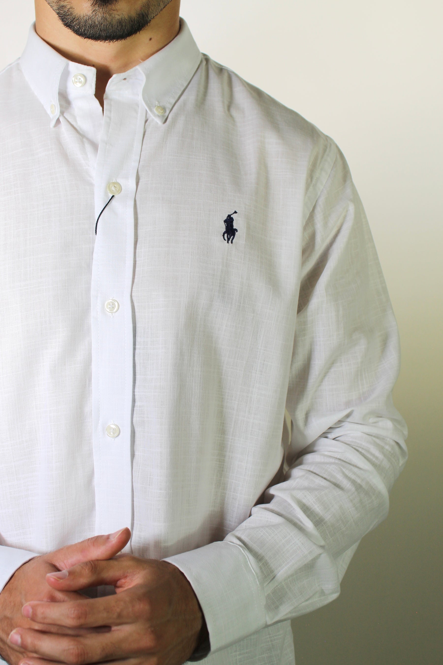 Camisa RL Manga Longa Linho - Branca Small Pony Azul Marinho