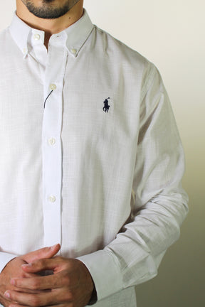Camisa RL Manga Longa Linho - Branca Small Pony Azul Marinho