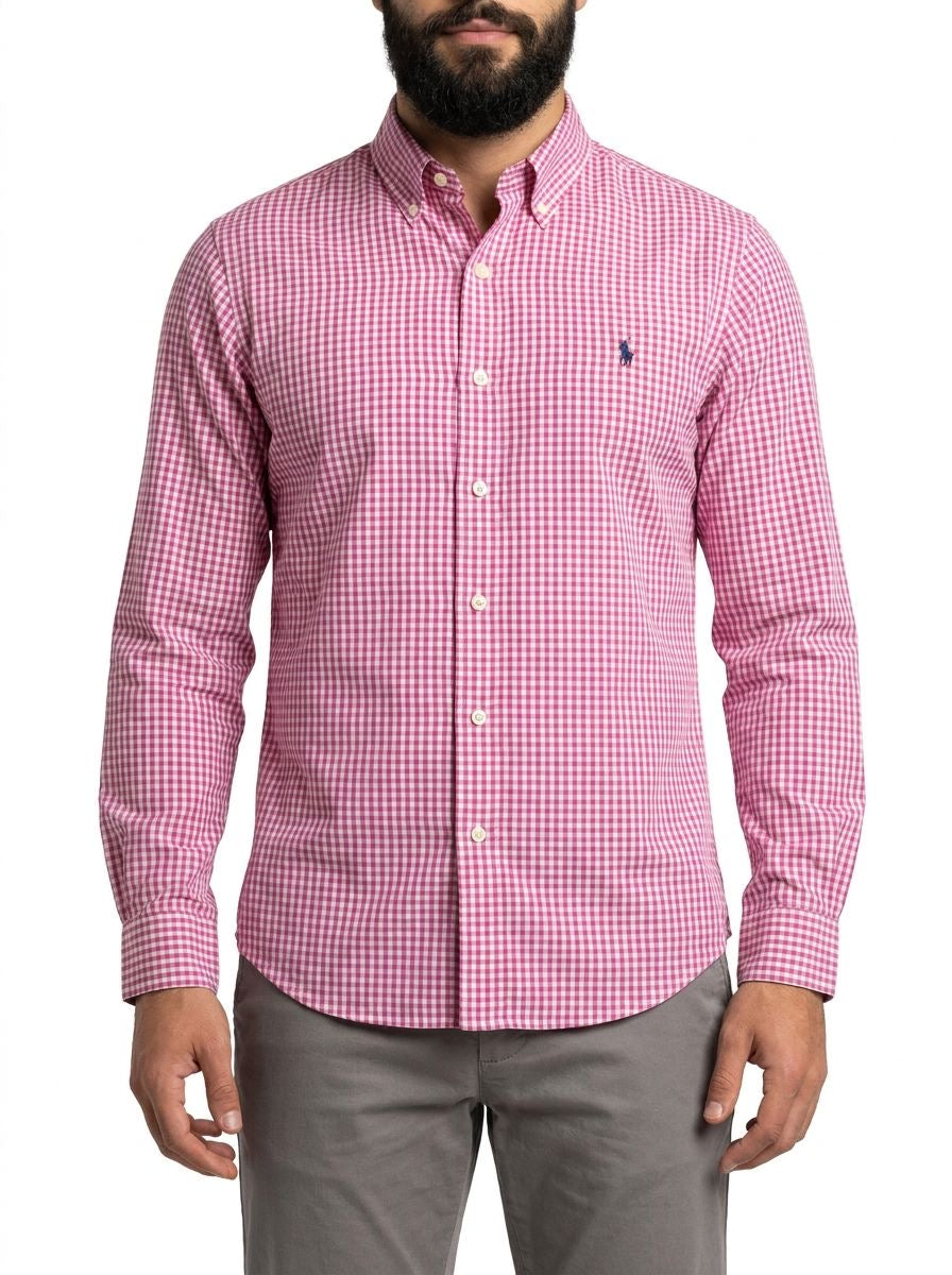 Camisa Social RL Longa - Microxadrez Manhattan Rosa