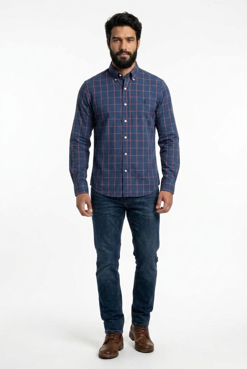 Camisa Social RL Longa - Xadrez Cambridge Azul Marinho e Vermelho